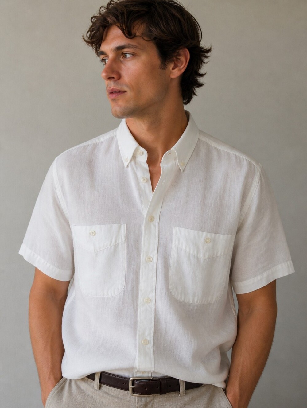 MEN’S WHITE LINEN SHORT SLEEVE BUTTON DOWN SHIRT CLASSIC FIT
